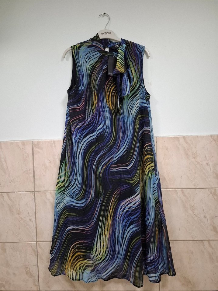 Uzun, Askısız, Bağlamalı Çok Renkli Salaş Elbise - Görsel 4