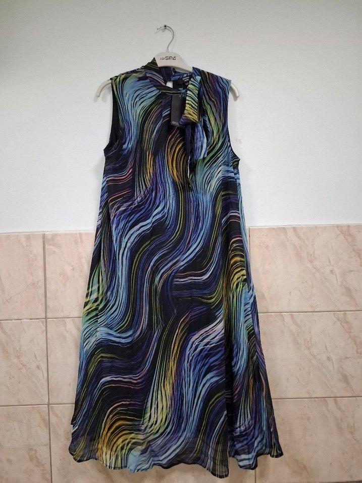 Uzun, Askısız, Bağlamalı Çok Renkli Salaş Elbise - Görsel 3