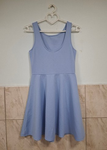 Mavi Midi Kolsuz Piliseli Elbise - Görsel 9