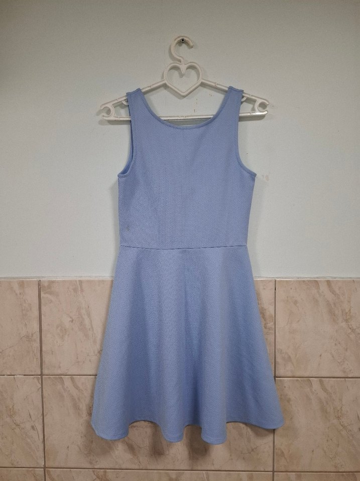 Mavi Midi Kolsuz Piliseli Elbise - Görsel 5