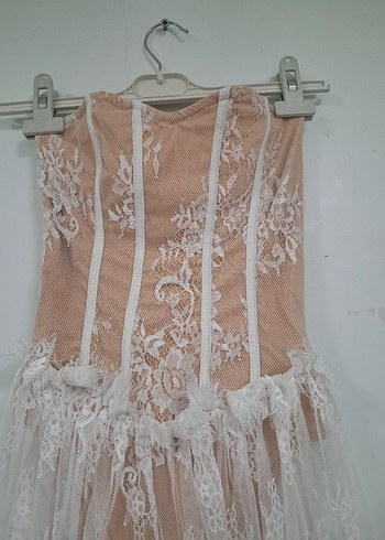 Bej Straplez Mini Dantel Detaylı Elbise - Görsel 4