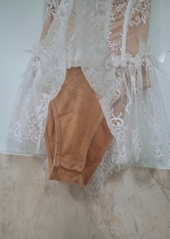 Bej Straplez Mini Dantel Detaylı Elbise - Görsel 3