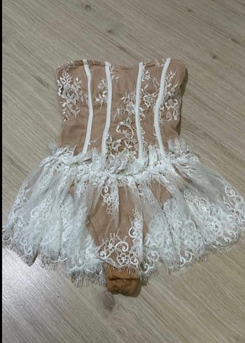 Bej Straplez Mini Dantel Detaylı Elbise - Görsel 5