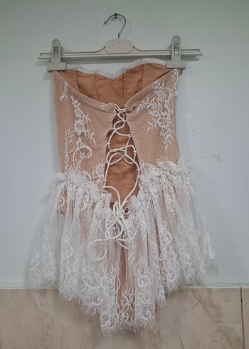 Bej Straplez Mini Dantel Detaylı Elbise - Görsel 10