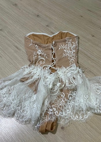 Bej Straplez Mini Dantel Detaylı Elbise - Görsel 11