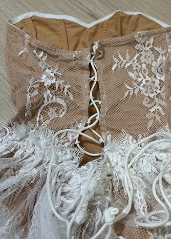 Bej Straplez Mini Dantel Detaylı Elbise - Görsel 12