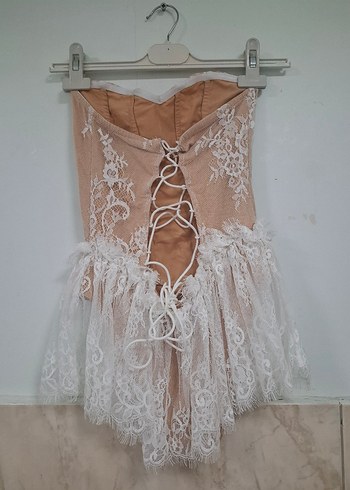 Bej Straplez Mini Dantel Detaylı Elbise - Görsel 9