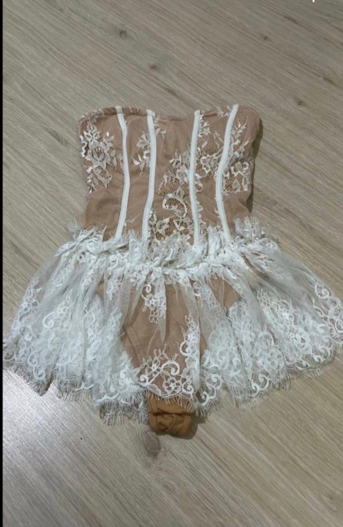 Bej Straplez Mini Dantel Detaylı Elbise - Görsel 5