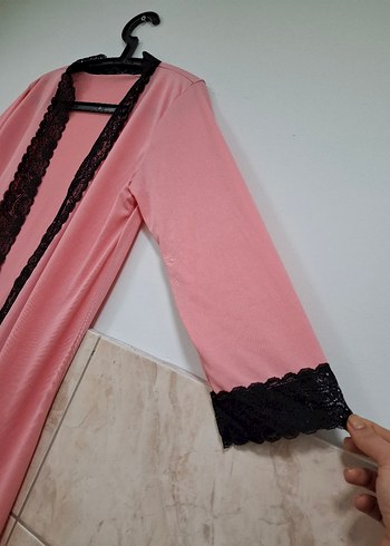 Pembe Uzun Kollu Kadın Bornoz Sabahlık - Görsel 5