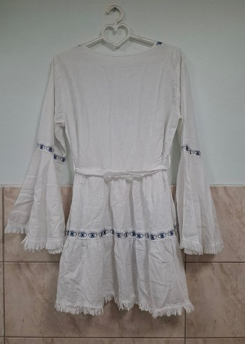 Beyaz Nakışlı Bohem Mini Elbise - Görsel 12