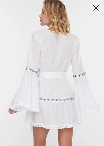 Beyaz Nakışlı Bohem Mini Elbise - Görsel 3