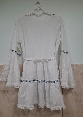 Beyaz Nakışlı Bohem Mini Elbise - Görsel 11