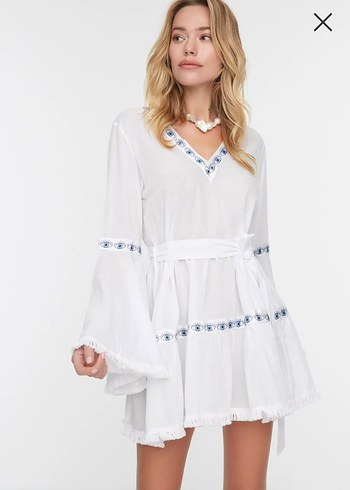 Beyaz Nakışlı Bohem Mini Elbise - Görsel 2