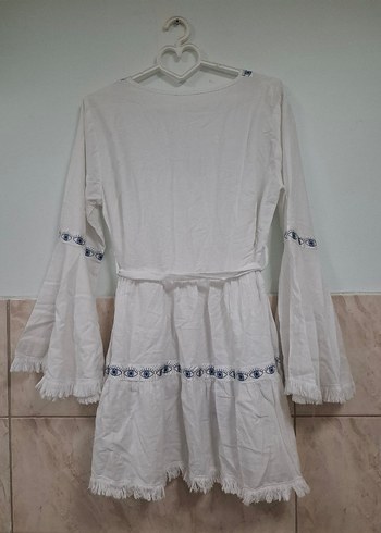 Beyaz Nakışlı Bohem Mini Elbise - Görsel 10