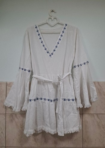 Beyaz Nakışlı Bohem Mini Elbise - Görsel 6