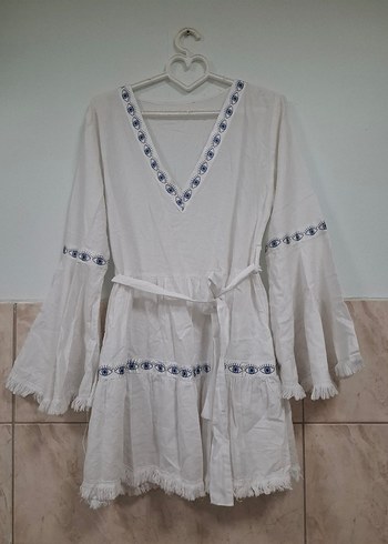 Beyaz Nakışlı Bohem Mini Elbise - Görsel 7