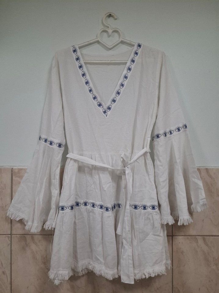 Beyaz Nakışlı Bohem Mini Elbise - Görsel 5