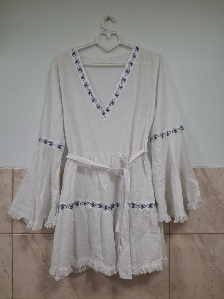 Beyaz Nakışlı Bohem Mini Elbise - Görsel 4