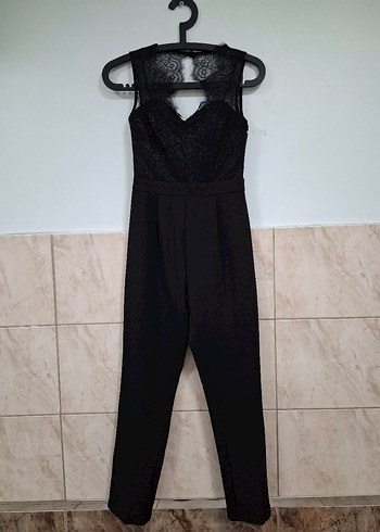 Dantel Detaylı Siyah V Yaka Tulum - Görsel 3