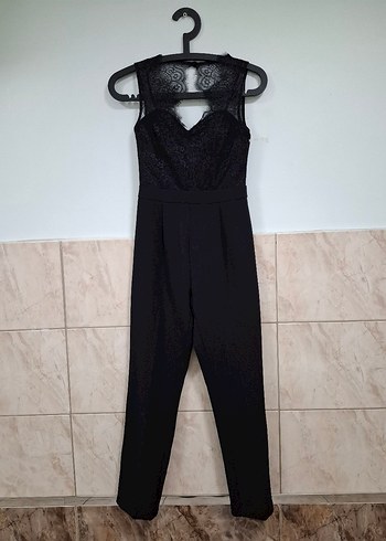 Dantel Detaylı Siyah V Yaka Tulum - Görsel 2