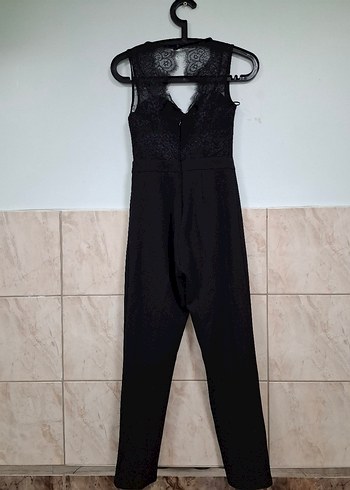 Dantel Detaylı Siyah V Yaka Tulum - Görsel 11