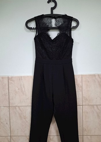 Dantel Detaylı Siyah V Yaka Tulum - Görsel 8