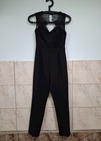 Dantel Detaylı Siyah V Yaka Tulum - Görsel 4