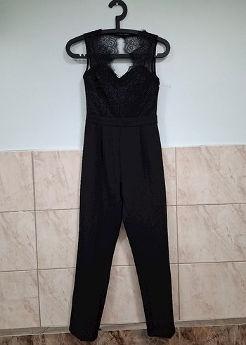 Dantel Detaylı Siyah V Yaka Tulum - Görsel 5