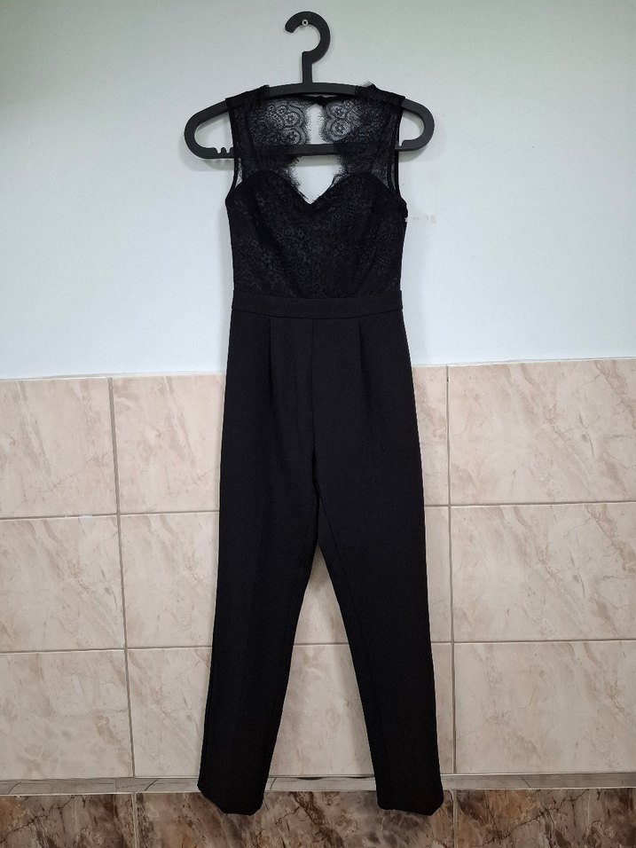 Dantel Detaylı Siyah V Yaka Tulum - Görsel 2