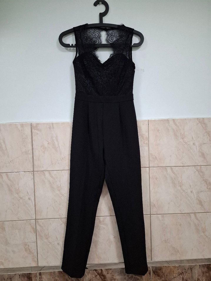 Dantel Detaylı Siyah V Yaka Tulum - Görsel 5