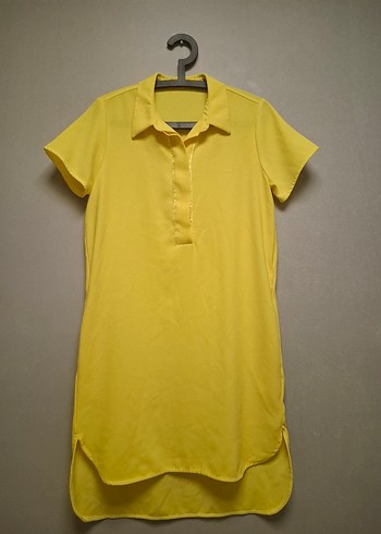 Zara Sarı Keten Kumaş Kısa Kollu Midi Gömlek Elbise