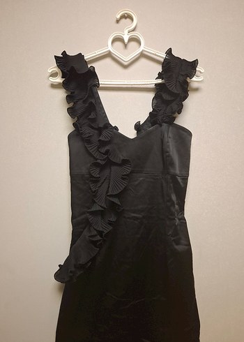 Siyah Fırfırlı Midi Abiye Elbise - Görsel 9