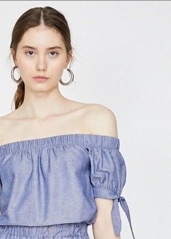 Diğer Mavi Denim Mini Bluz, Kayık Yaka, Fırfırlı