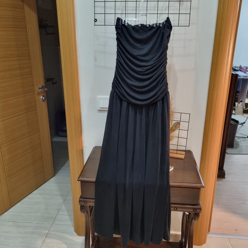 Siyah Drapeli Straplez Uzun Elbise - Görsel 4