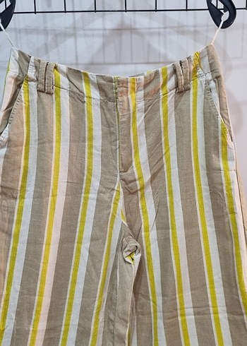 Bej Çizgili Kadın Keten Pantolon - Görsel 9