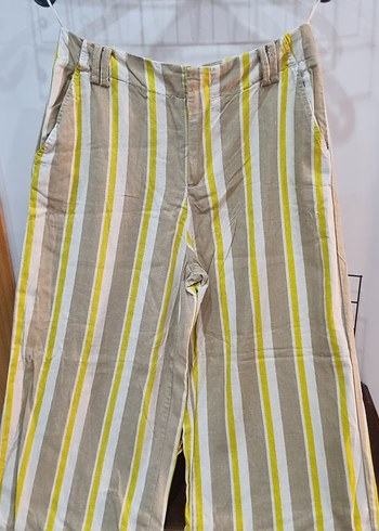 Bej Çizgili Kadın Keten Pantolon - Görsel 8