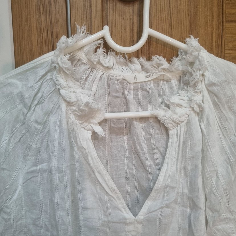 Beyaz V Yaka Bohem Keten Gömlek - Görsel 2