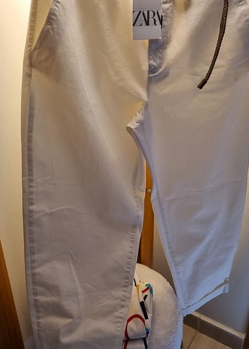 Zara Zara Beyaz Pamuklu Midi Kumaş Pantolon