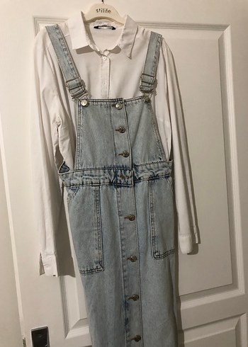 Düğmeli Gri Denim Midi Tulum