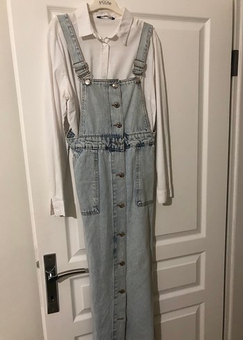 s Beden Düğmeli Gri Denim Midi Tulum