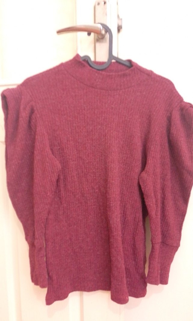 Bej ve bordo Triko Balıkçı Yaka balon kol  Kadın Kazak - Görsel 3