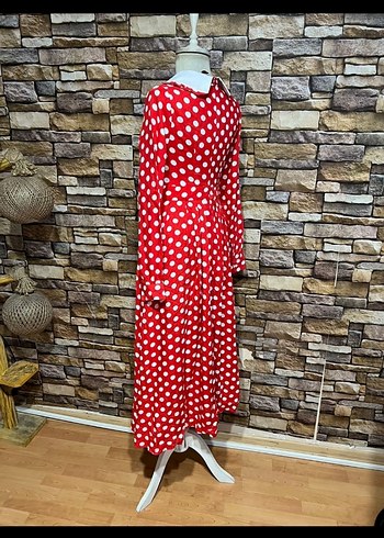 Kırmızı Puantiyeli Uzun Kol Elbise - Görsel 4