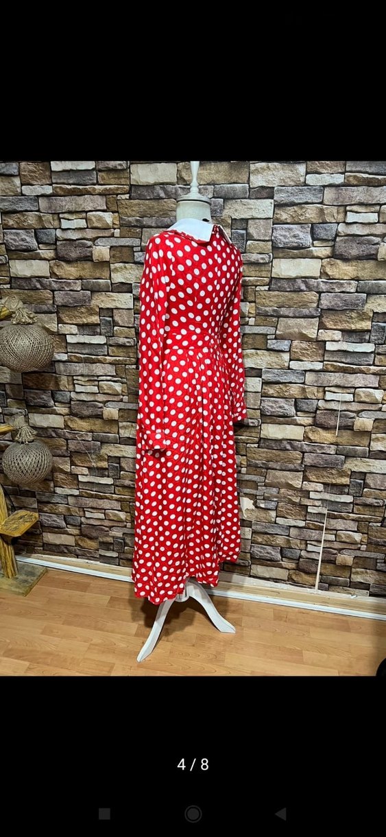 Kırmızı Puantiyeli Uzun Kol Elbise - Görsel 4