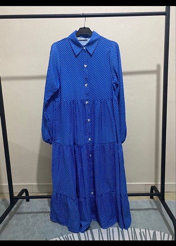 Uzun Kollu Düğmeli Mavi Puantiyeli Elbise - Görsel 2