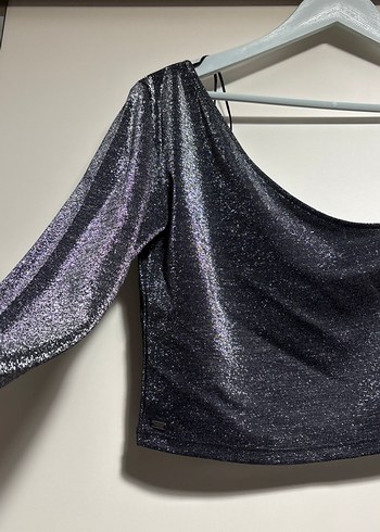 Tek Kollu Drapeli Mini gri simli Bluz parlak antrasit - Görsel 2