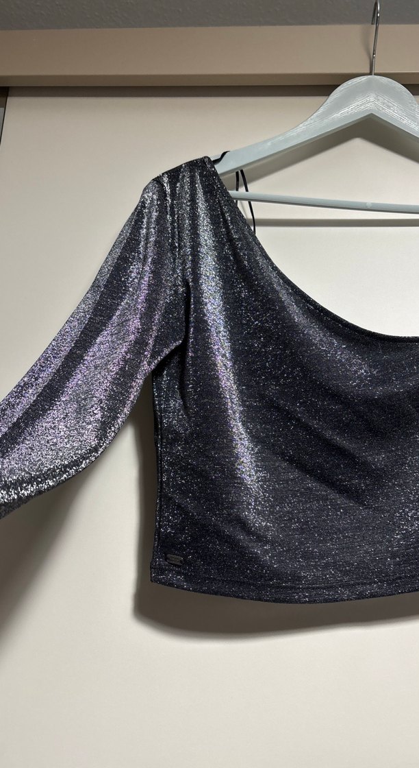 Tek Kollu Drapeli Mini gri simli Bluz parlak antrasit - Görsel 2