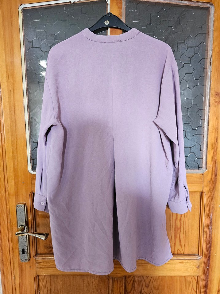 Lila Düğmeli Uzun Kollu Keten Gömlek - Görsel 2