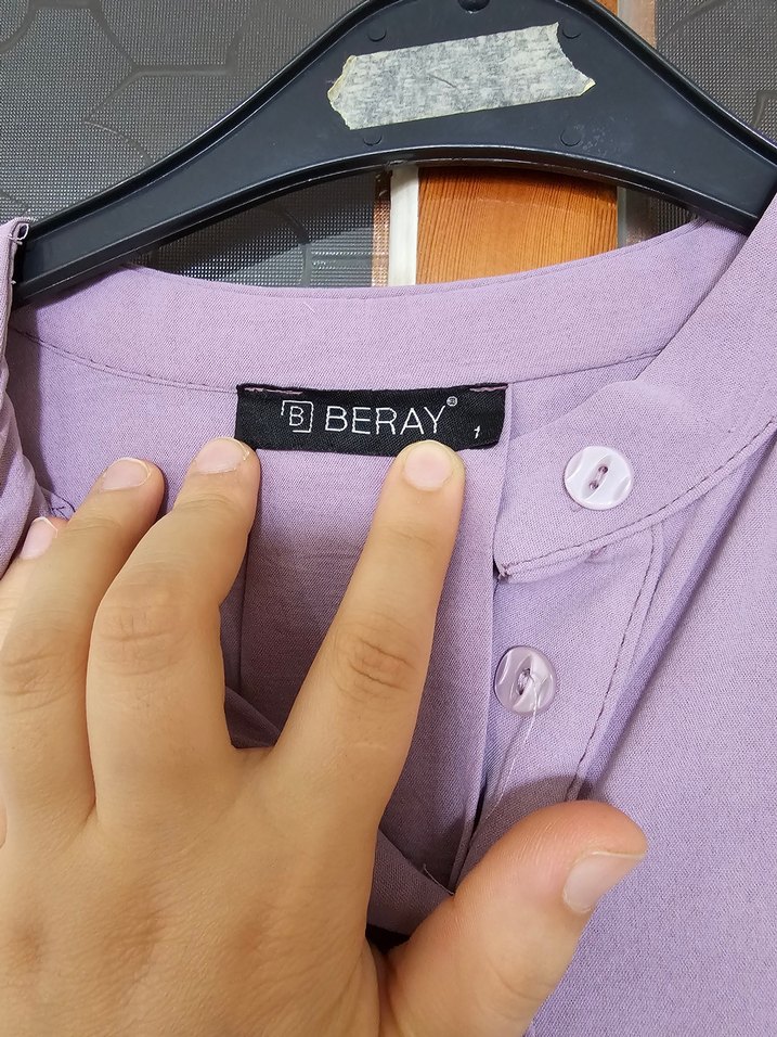 Lila Düğmeli Uzun Kollu Keten Gömlek - Görsel 5