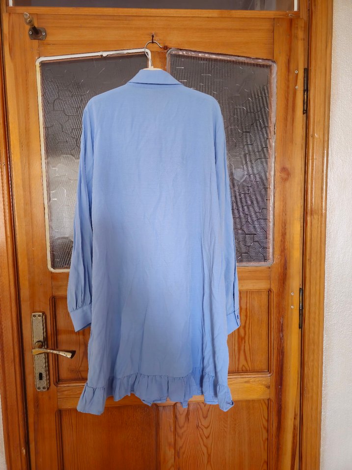 Uzun Kollu Mavi Keten Tunik - Görsel 2