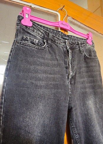 Siyah Bol Kesim Midi Kot Pantolon/ Mom Jeans - Görsel 3